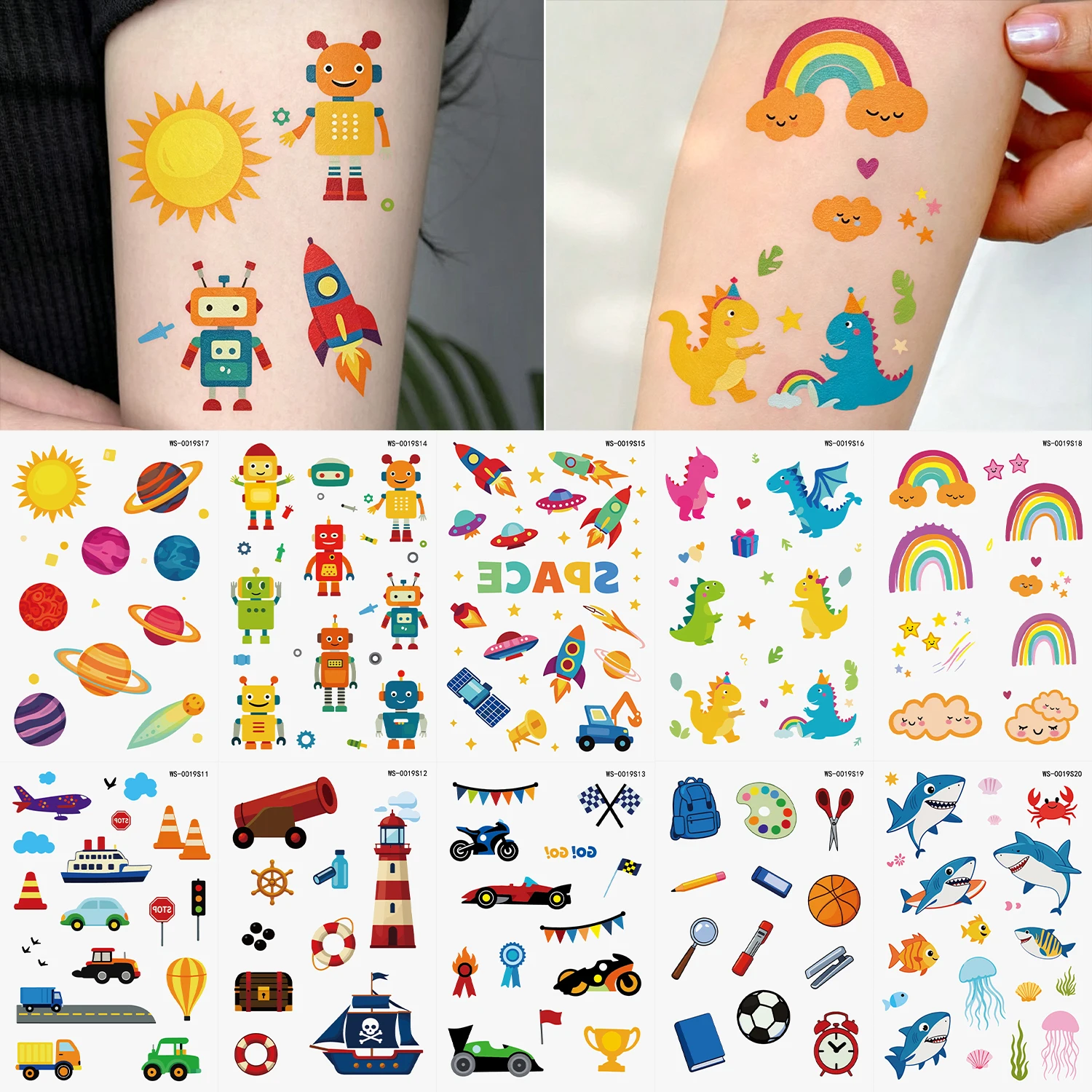 10Pcs Robot Planet Rocket Car Dinosaur Tattoo Stickers Shark Crab Fish Vehicle Temporary Fake Tattoos for Kid Boy DIY Body Decal