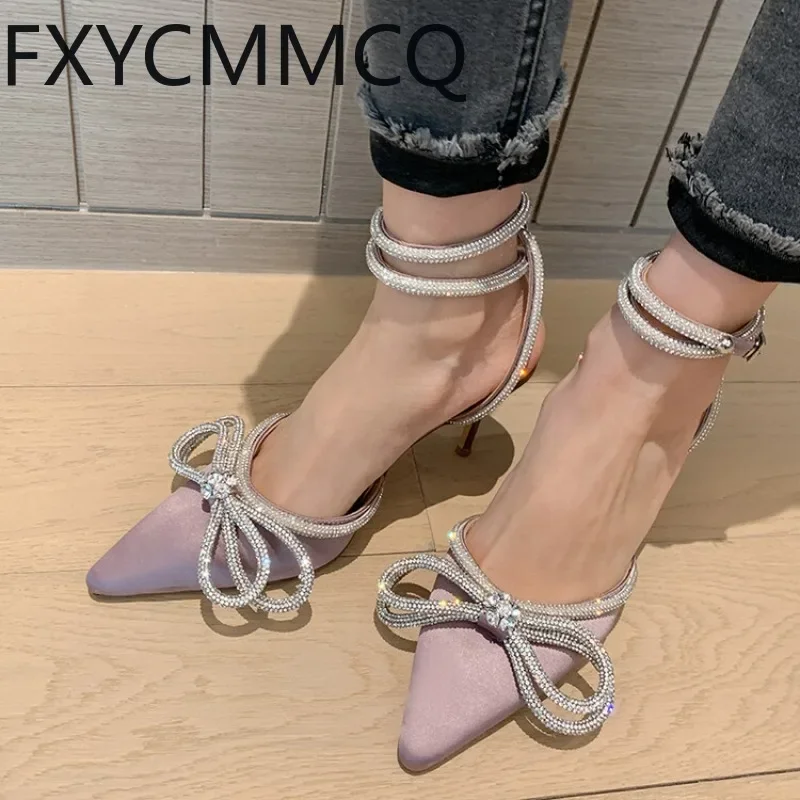 

FXYCMMCQ Summer European and American Stiletto Women's Pointed Toe Tie Toe Toe Back Empty Sandals Rhinestone Bow 139