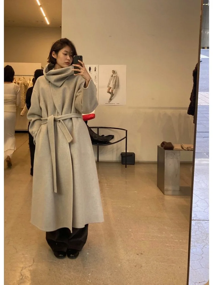 Double-Sided Camere Long Coat Women's Loose Fit  Winter Woolen Jaet with awl Collar And Belt Casual Sle