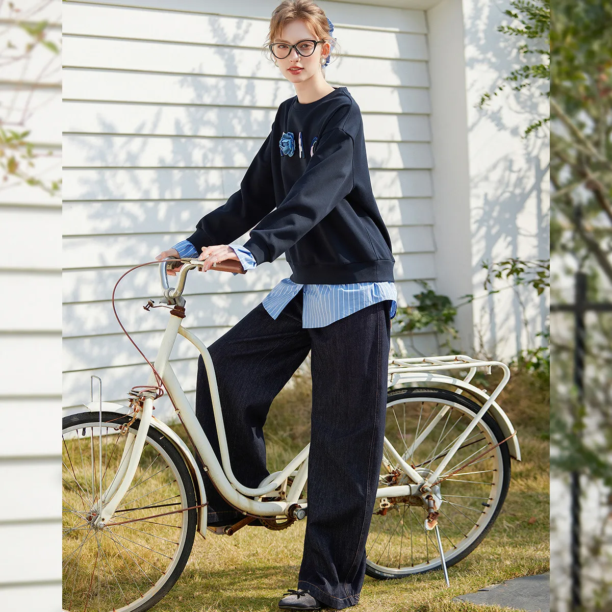 LOUIS YAO 2025 Spring Color Contrasting Splicing Fake Two Piece Hoodie Three Dimensional Embroidered Loose Women's Hoodie