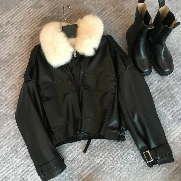 Women Faux Leather Coats Solid Short Jackets Zipper Pocket Fur Turn Down Collar Long Sleeves Loose Fit Casual 2025 Autumn Winter