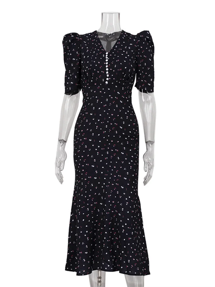 TARUXY 2025 New Print Puff Sleeve Long Dress For Women Fashion V neck High Waist Commuting Outfits Elegant Lady Fishtail Dress - Image 5