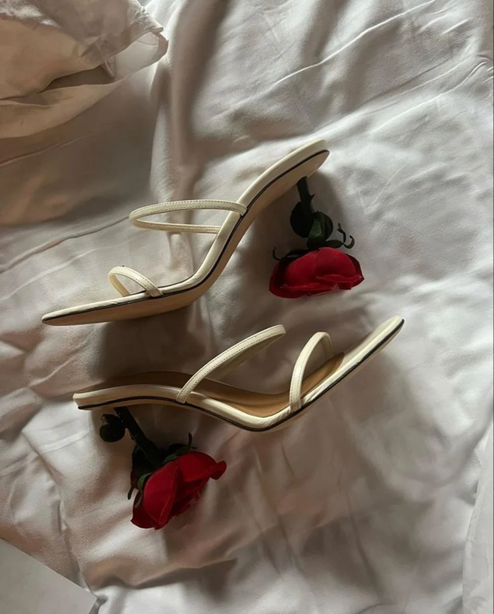 Black/White/Red Open-Toe Strappy Sandals Rose Stem Heel Minimalist Thin Leather Straps Unique Floral Heel Women's Summer Sandals