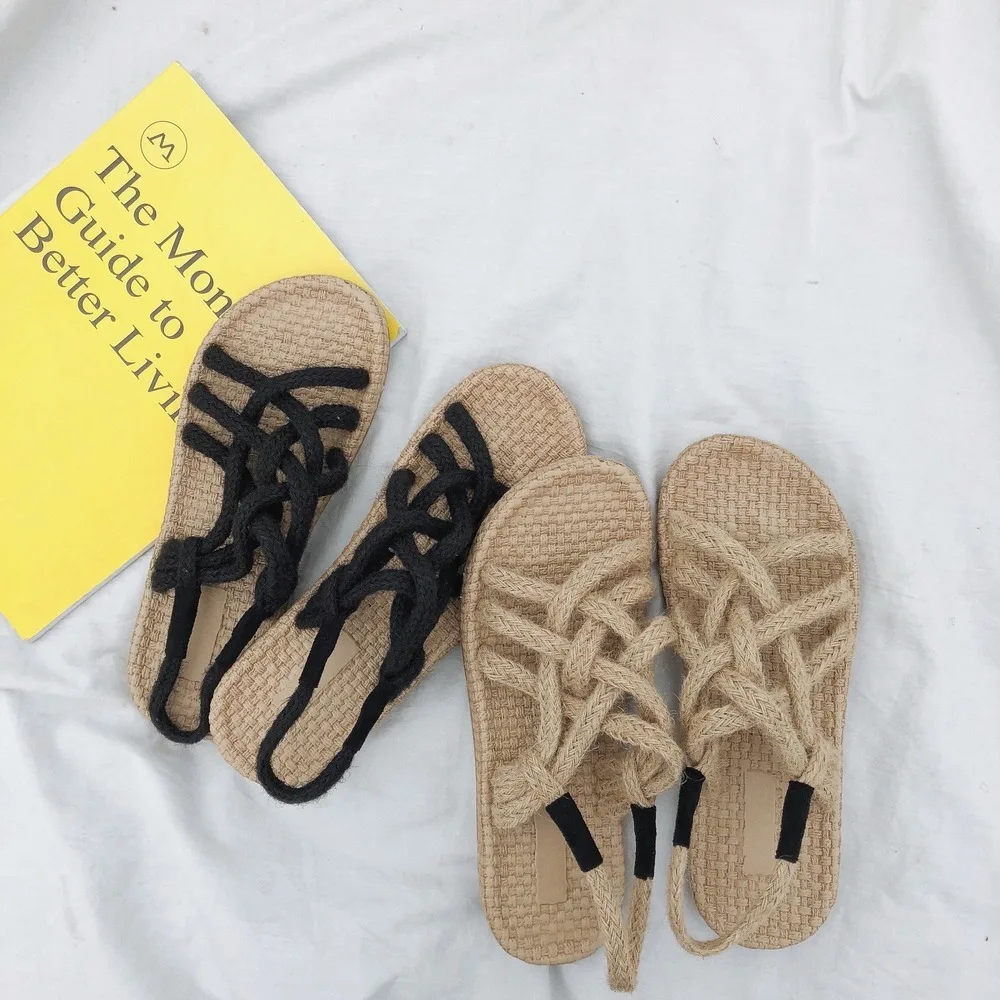 Hemp rope sandals for female students 2022 new straw woven summer cross straps beach casual ladies and slippers women shoes