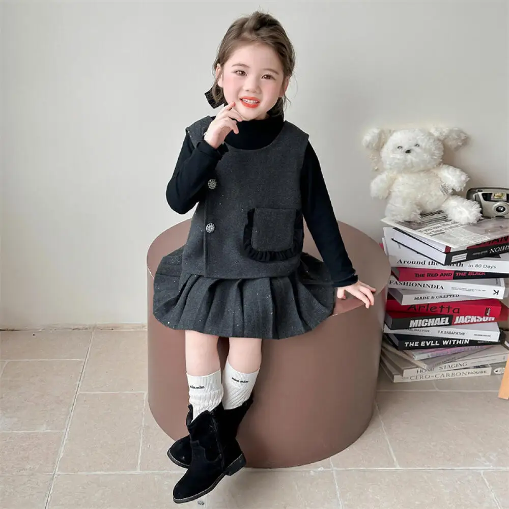 

Kawaii Girl Fashion Sweater Vest Skirt Set Student Autumn Cartoon Casual Tops Short Skirt Three-Piece Set Children's Clothing