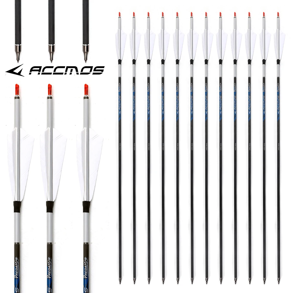 12pcs ACCMOS Archery Pure Carbon Arrow ID6.2mm 32in Shaft Spine 250/800 Bow Outdoor Hunting Shooting Training Arrow