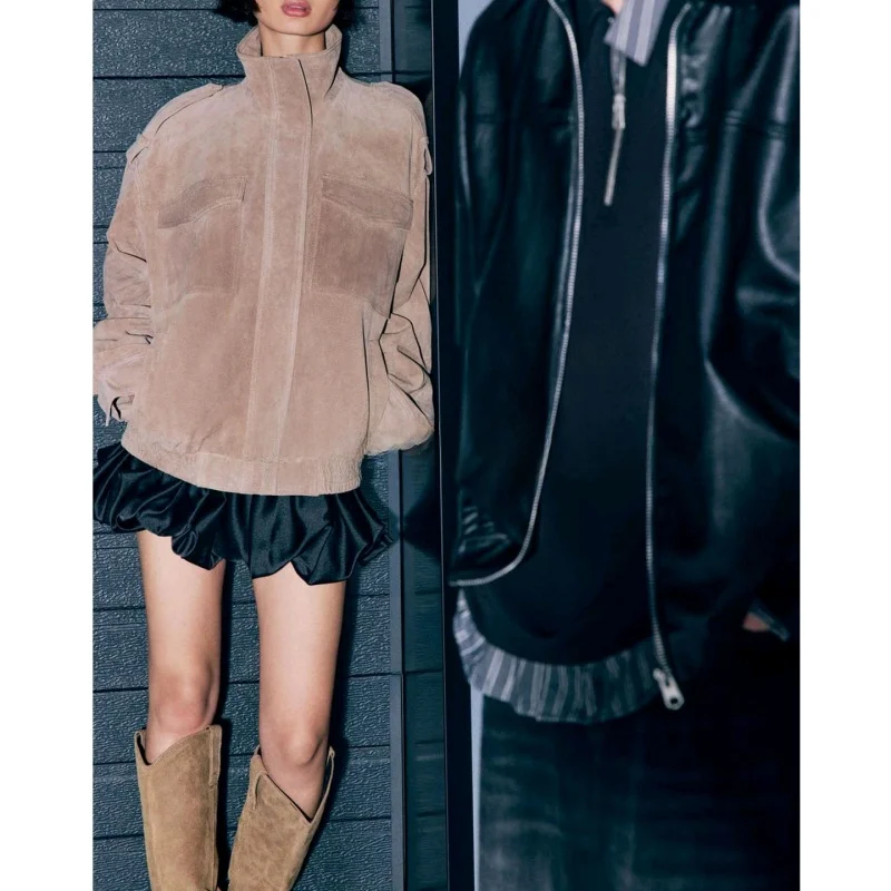 秋の女性用カジュアルスタイルジッパー装飾スタンドカラー長袖フェイクレザージャケットルーズフィットポリエステル生地レディースコート