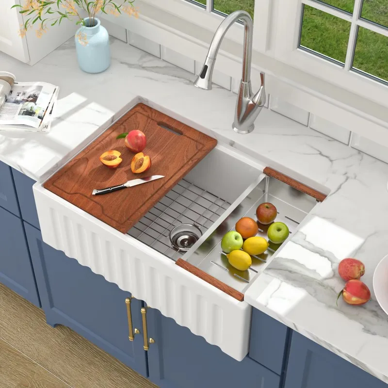 White 30inch Single Bowl Apron Front Ceramic Handmade Farmhouse Kitchen Sink Multifunctional Workstation 1 Year