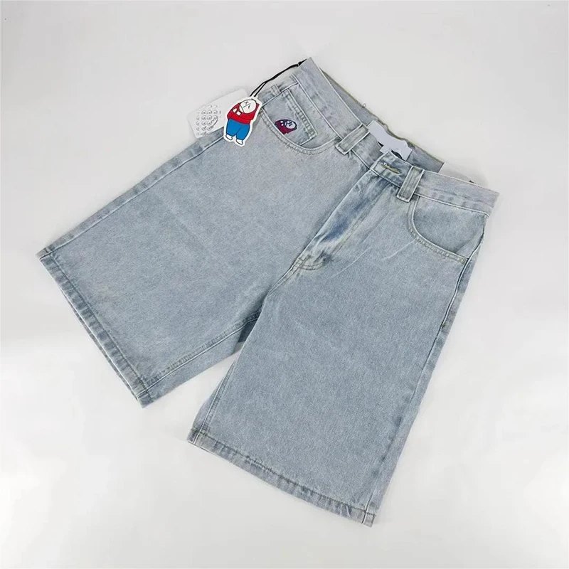 Y2k retro jean shorts das mulheres dos desenhos animados bordado na altura do joelho jeans baggy perna larga denim calças curtas dos homens shorts jorts