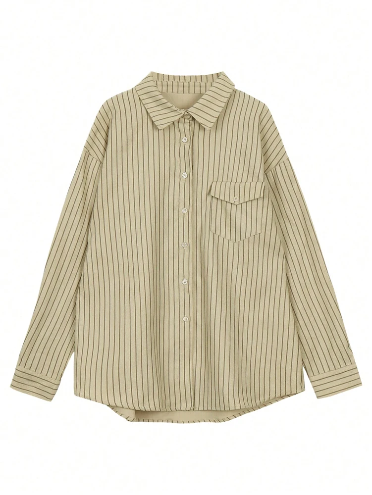 Women's Fashion Shirt Early Autumn Corduroy-Textured Casual Striped Long-Sleeved Shirt For Everyday Wear