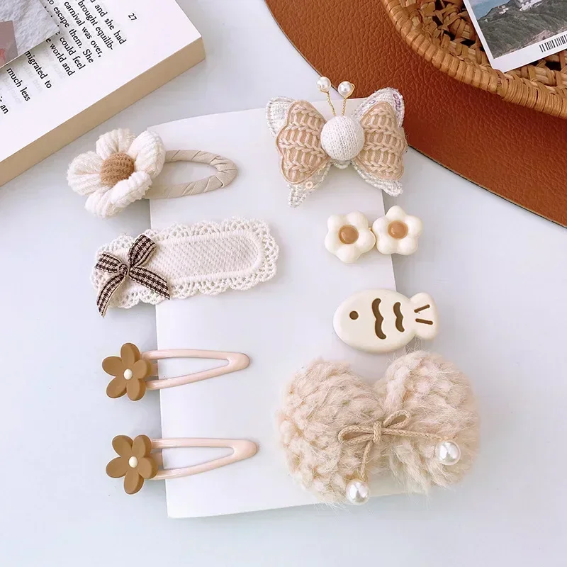 8pcs/set Sweet Girl Hair Clip Cartoon Bear Floral Bowknot Hair Pin for Toddler Girl Lovely Beige Coffee Color Kids Girl Headwear