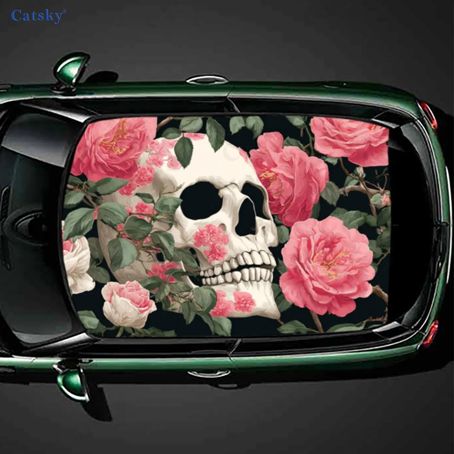 Pegatina para techo de coche de Thrill Floral rosa con calavera oscura, calcomanía de vinilo autoadhesiva impermeable de PVC para coche, pegatinas de protección para decoración de coche