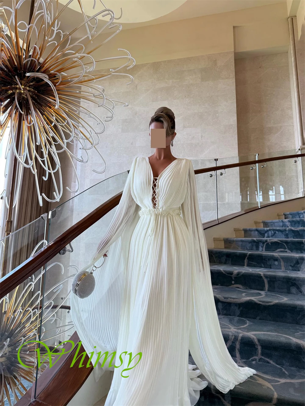 Moda personalizada chiffon com decote em v vestido de noite clássico mangas compridas vestidos de baile delicado a linha vestidos de ocasião sob medida