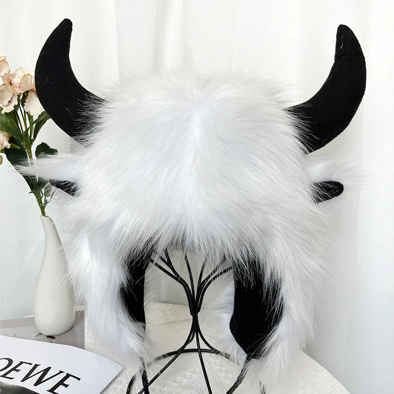 3Color Thick Plush Fluffy Cow Horn Hat Personalized Warm Soft Winter Autumn Outdoor Ski Sport Travel Halloween Party Cosplay Cap