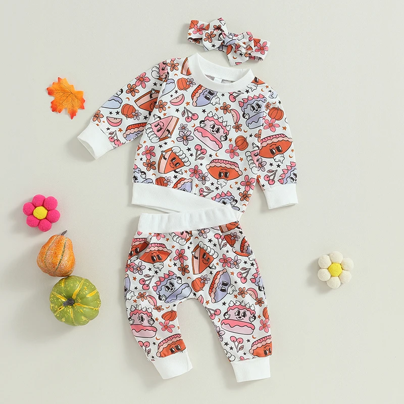 

Infant Girls 3-Piece Outfit Set with Long Sleeve Floral Pumpkin Print Top Elastic Waistband Pants and Matching Headband