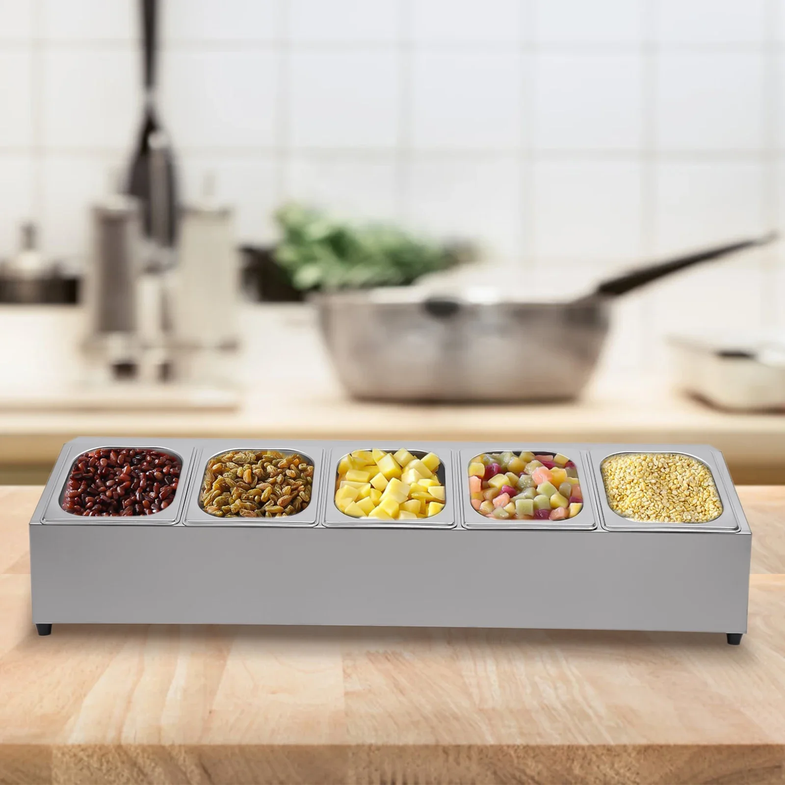 

NEW Stainless Steel Spice Rack Shelf with 5 Containers with 5 Matching Lids for Restaurants, Hot Pottery, Milk Tea Shops