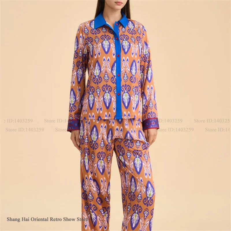 

Женская пижама с длинным рукавом, комплект из 2 предметов, с оригинальным цветочным принтом, домашняя одежда, свободная повседневная атласная ночная сорочка, нижнее белье