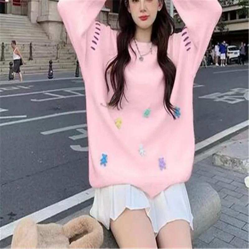 Stylowy koreańskie Kawaii sweter damski jesienno-zimowy z długim rękawem luźne góra sweter z okrągłym dekoltem codzienna moda damska elegancki