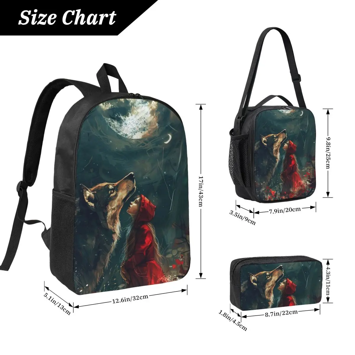 Little Red Riding Hood And Wolf Backpack Kids BookBag School Bag Computer Shoulder Bags 3ps Insulated Lunch Bag Pencil Case