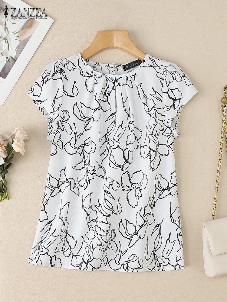 

2025 ZANZEA Summer Printed Blouse Women Casual O Neck Short Sleeve Work Blusas Stylish Holiday Shirt Bohemain Female Tops Tunic