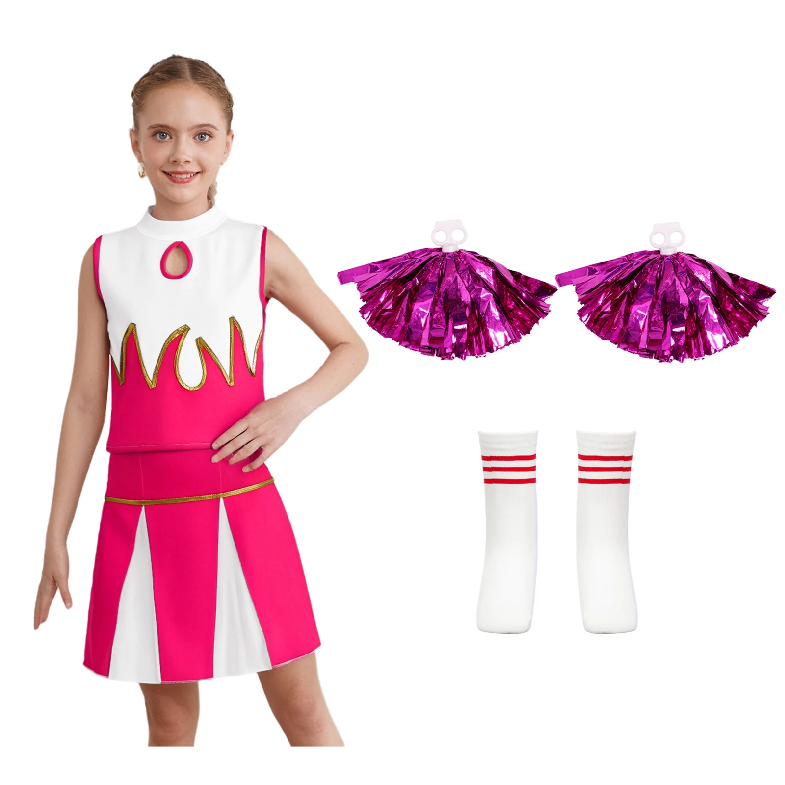 

Cheer Leading Dance Performance Costume Crop Top with Pleated Skirt 2Pcs Flower Balls And Socks Cheering Outfits