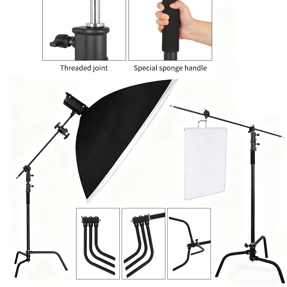 SH Photography Schwarzer C-Ständer 3,3 m robuster, verstellbarer Edelstahl mit Tasche und Rad für Monolight-Softbox-Reflektor
