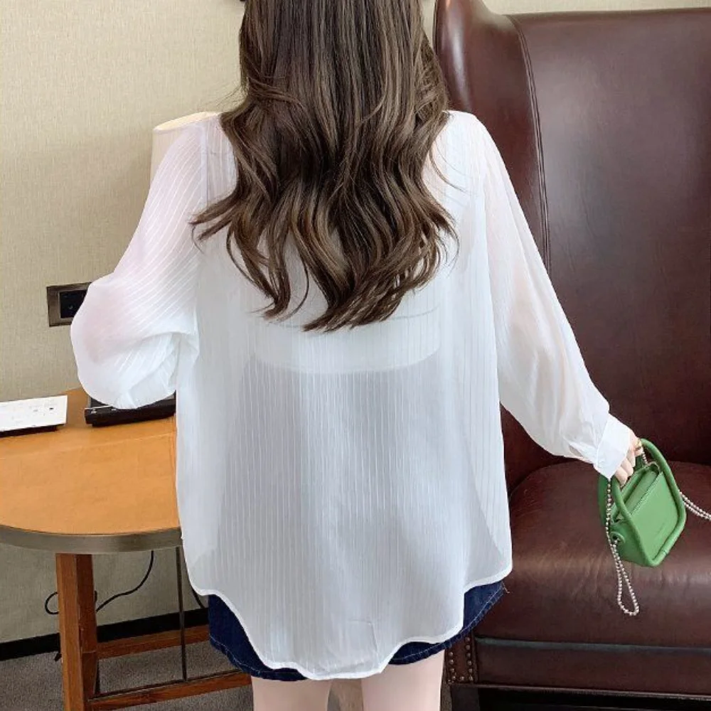 Black Top Elegant Chic Summer Blouse for Women Long Sleeve Transparent Youth Korean Fashion Casual Loose Women\'s Buttoned Shirts