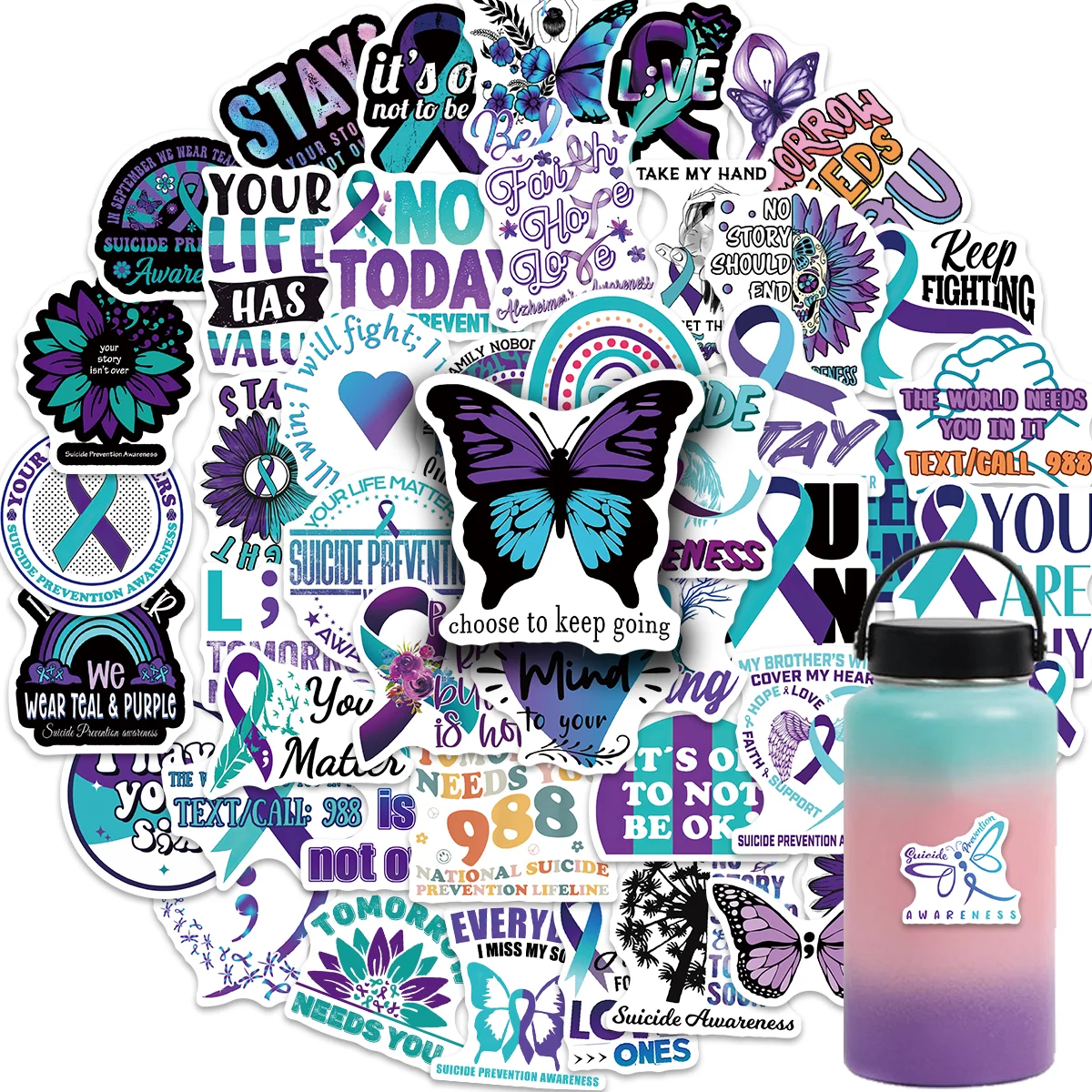 50/100PCS/pack Suicide Prevention Awareness Ribbon  Vinyl Stickers  for Water Bottle Laptop Skateboard Scrapbook Kids Toy