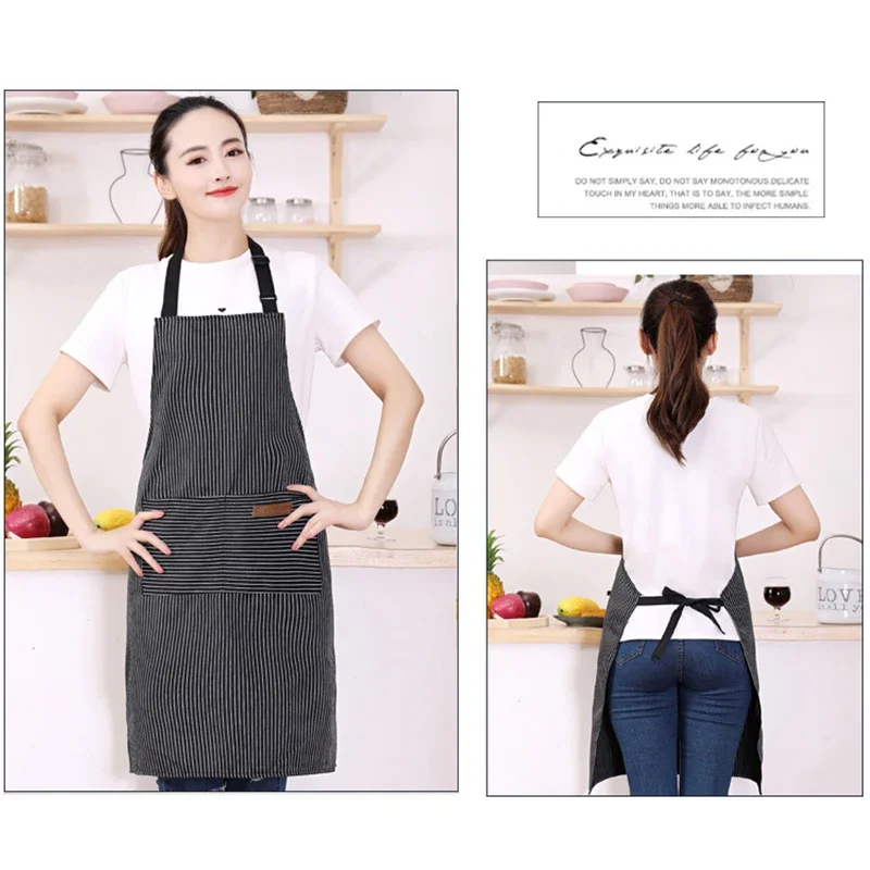 Striped Chef Cooking Apron Cotton Linen Halterneck Apron with 2 Pockets Men Woman Restaurant Kitchen Baking Work Apron