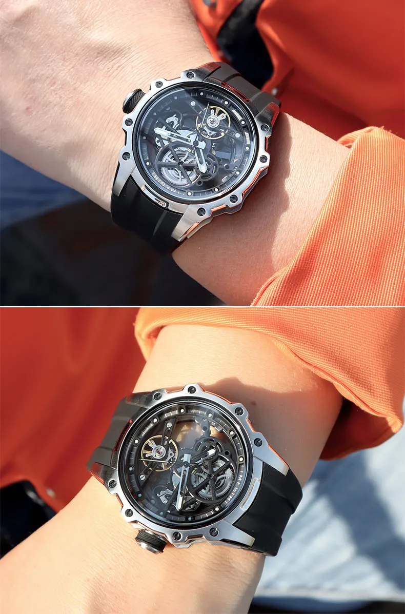 MEGIR Skeleton Dial Automatische Mechanische Uhr Männer Edelstahl Gehäuse Wasserdicht Leuchtende Sport Armbanduhr mit Silikon Armband – Detail 16
