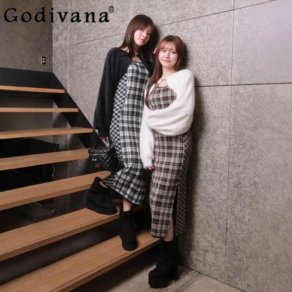 

2026 Spring New Japanese Style Sweet Long Plaid Dress Knitted Cardigan 2-Piece Set Women's Slimming Elegant Retro Dress Set