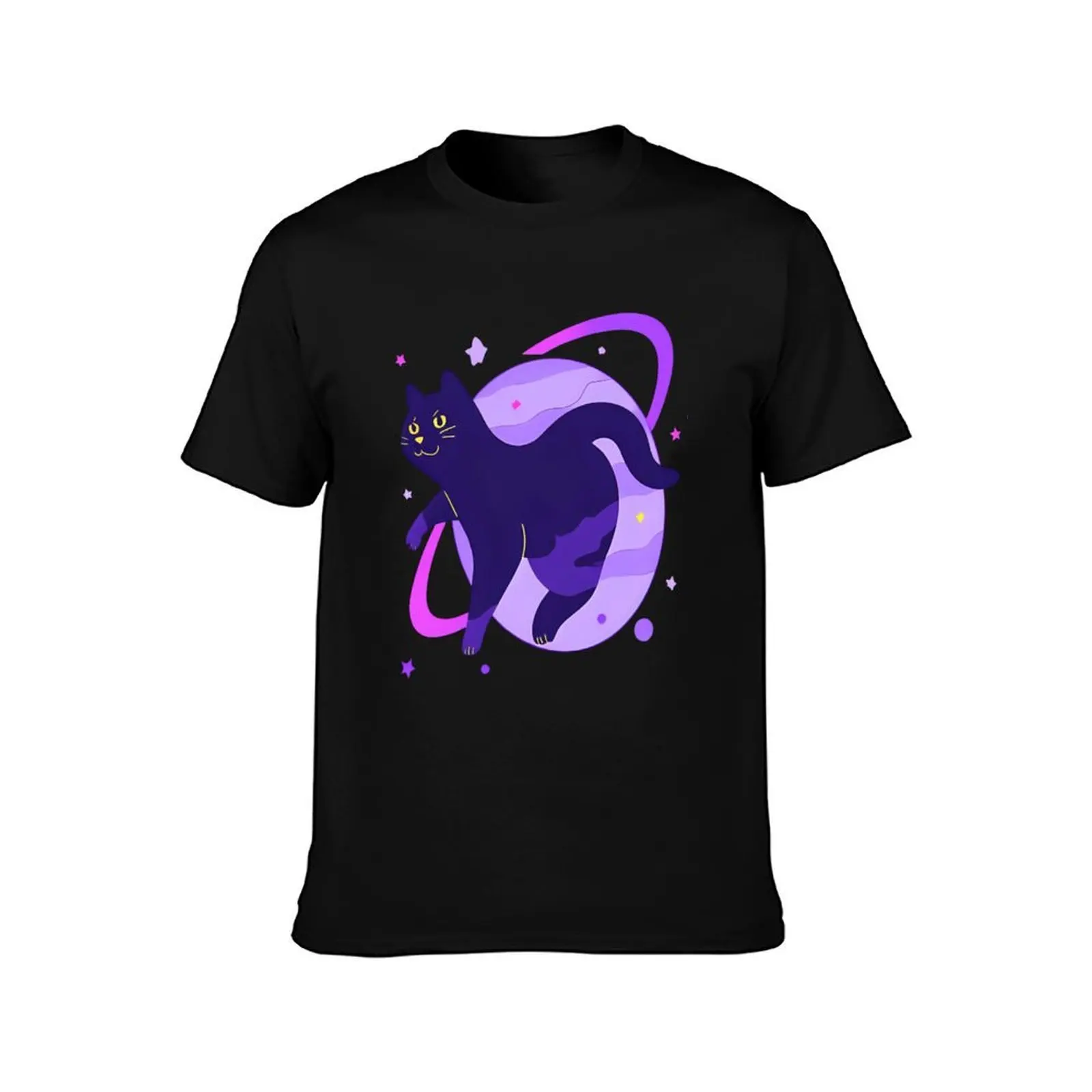 Galaxy Cat Floating Through Space with Stars and Planets T-Shirt summer shirt blue lock anime shirt mens big and tall t shirts