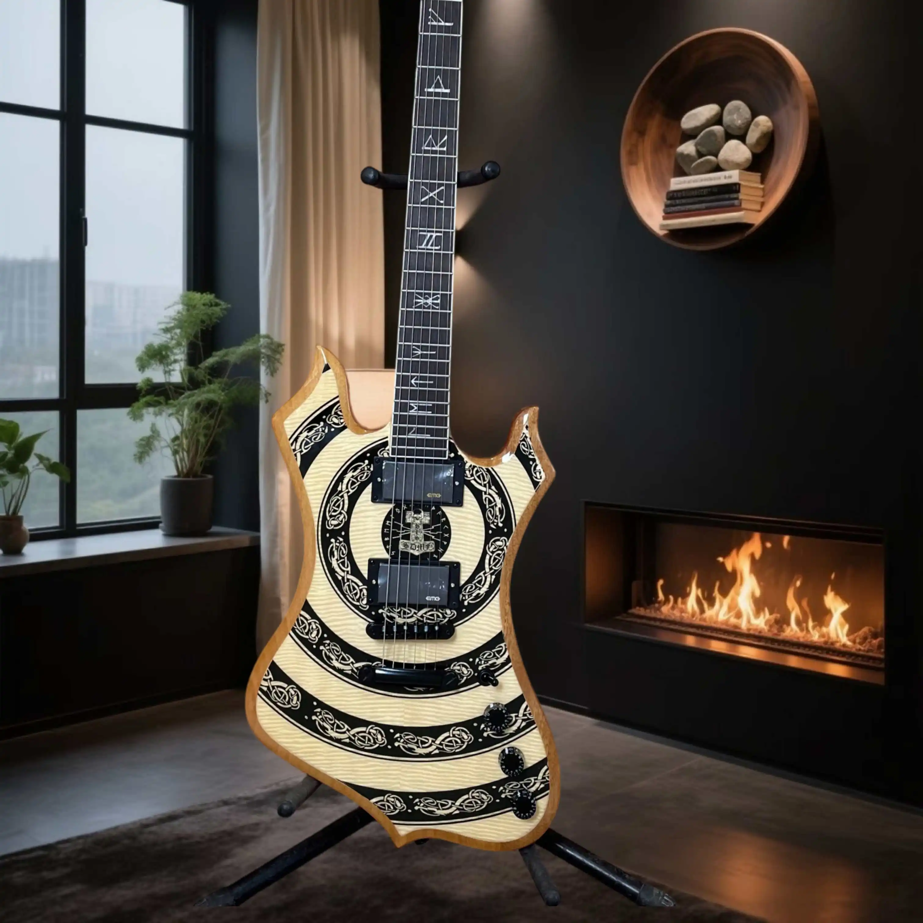 Norse Dragon Bullseye Graphic Guitar Locking Tune O Matic Bridge Dual Coil Pickup Heavy Metal Shred Unique Look Professional Use