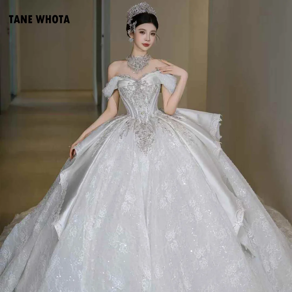 Lace Wedding Dress Crystal Off Shoulder Lace Up Back Beading Sequined High Quality Ball Gown Vestido Noiva Casamento