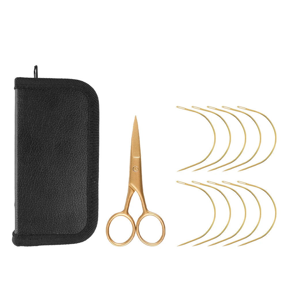 ARLANY 10Pcs Curved Needles with Mini Scissor Sewing Curved Needles for Micro Beads Waving Set for Weft Extensions Hand Sewing