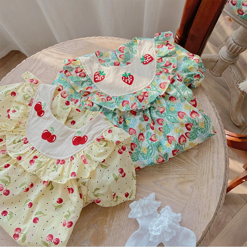 Girls Strawberry Embroidery Dresses New Summer Short Sleeves Cherry Print Princess Dress for Kids Casual Clothing 2-7 Years