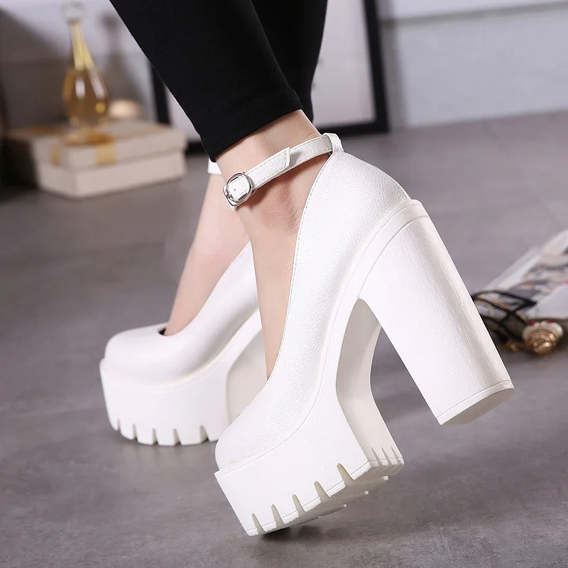 Women Pumps Mary Janes 14cm Chunky High Heels Platform Women\'s Shoes Sexy Black White Ankle Strap Plus Size 43 Party Dress Shoes