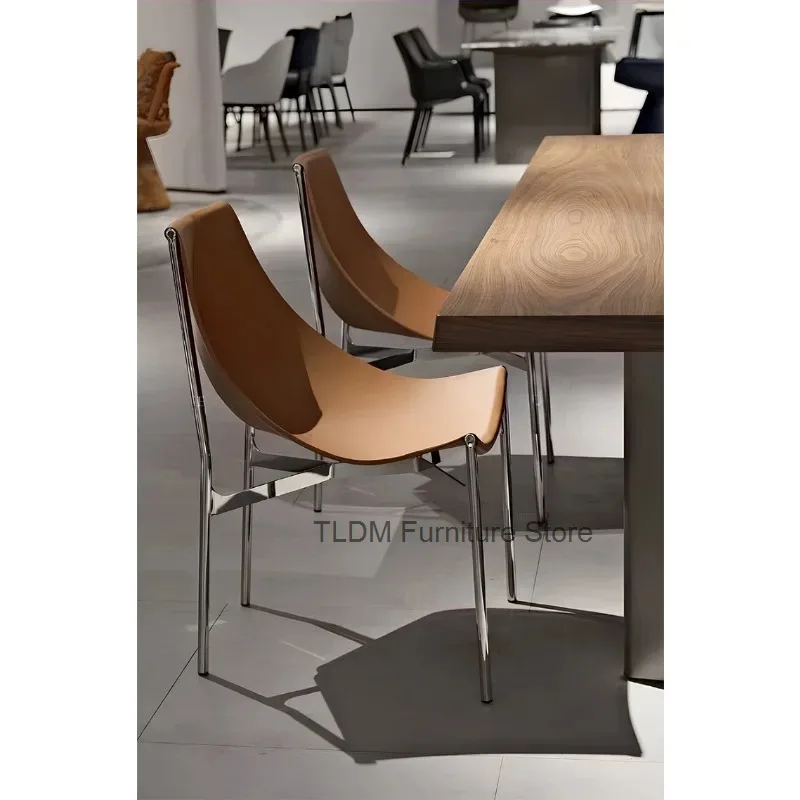 Curved Leather Dining Chair Polished Chrome Metal Frame Minimalist Armless Side Chair for Restaurant Kitchen Home