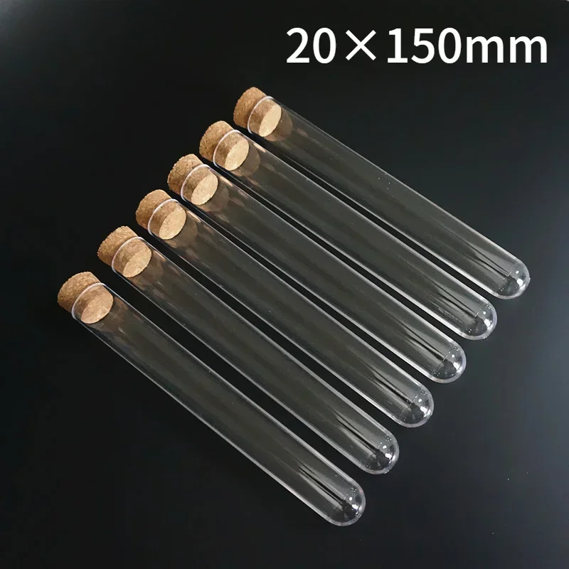 10 шт. до 100 шт. 20x150 мм прозрачные пластиковые пробирки с круглым дном и корковой пробкой для школы/лабораторной стеклянной посуды