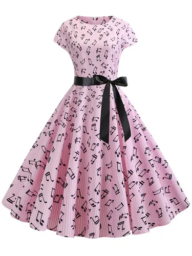 Imagen 2 del producto Vestido con estampado de notas musicales para mujer, vestidos de fiesta vintage informales con vuelo retro, manga corta de verano de los años 50 y 60
