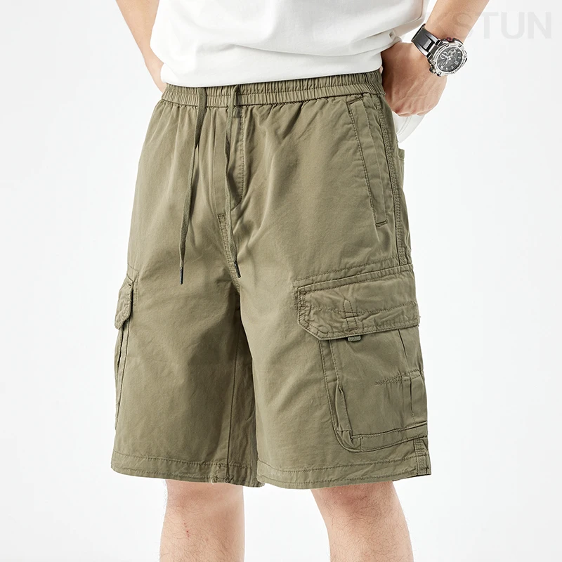 Baggy Shorts  Men Summer Short Pants Green Casual Cargo Shorts Wide Leg Loose Fit Elastic Waist Overalls 100% Cotton New Kpop