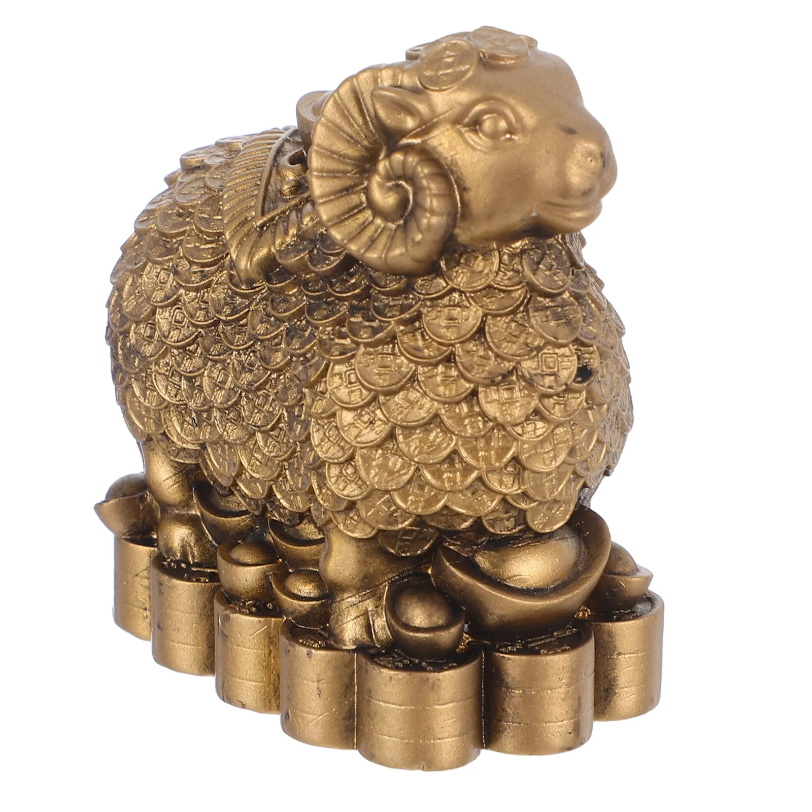 Resin Sheep Statue Copper RAM Hand Carved Chinese Zodiac Prosperity Wealth Lucky Ingot Home Office Desk Shelf Ornament