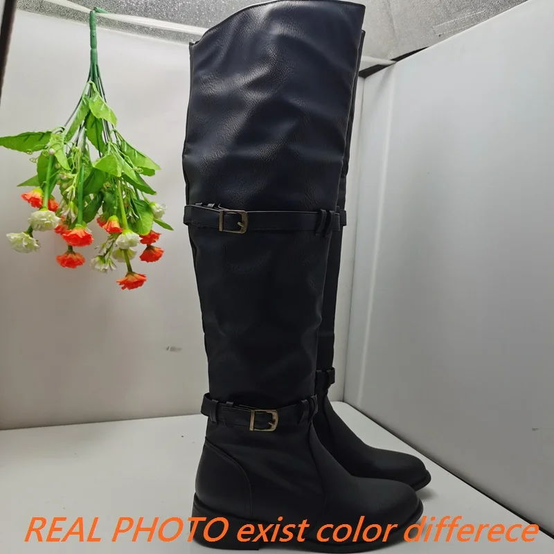 SIMLOVEYO Women Thigh Boots 51cm Wide Leg Block Heels 3.5cm Slip On Size 47 48 Booties Shoes