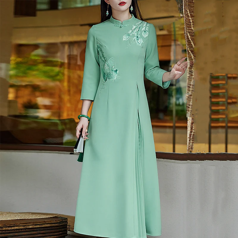 

Chinese Style Cheongsam Female Spring And Autumn Slim Fitting Phoenix Tail Embroidery+Pleated Fashionable Elegant Dress S-XXL