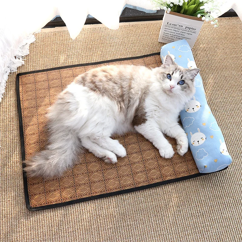 시원한 베개 달린 여름 고양이 침대, 아이스 실크 애완 동물 매트, 강아지 수면 개집, 시원한 리넨 고양이 둥지 침대, 개 쿠션, 애완 동물 매트리스