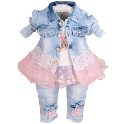 6m-4T Spring Autumn Baby Girls Denim Clothing 3pcs Sets Tops T Shirt Denim Jacket and Jeans