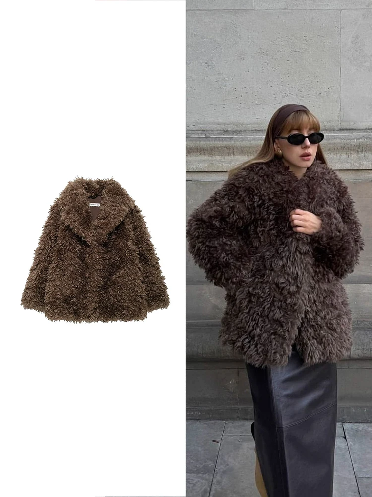 TRAF Women's Fashion Brown Faux Fur Curly Coat Vintage Lapel Single Breasted Long Sleeve Coat Winter Warm High Street Wear Top