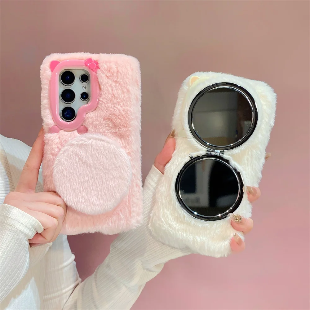 Pastel Fluffy Plush Foldable Makeup Mirror Phone Case for S26 Ultra Wrist Strap Cat Ear Lens Cover for Samsung Galaxy S25 A57