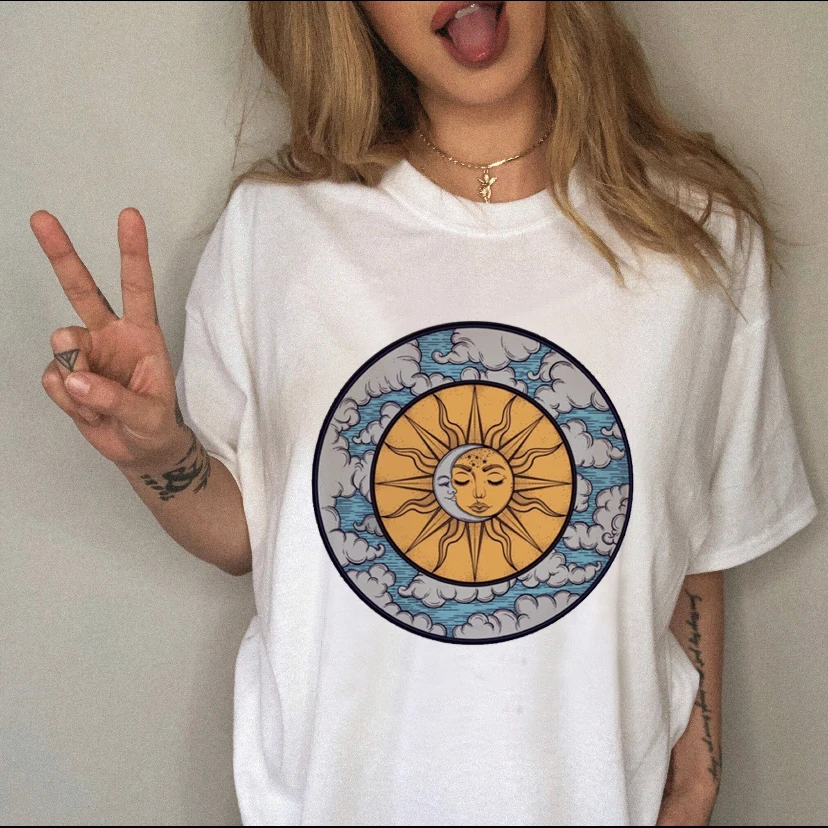 Funny Print Tshirt Female Top Short Sleeve Fashion Tee Clothes Casual Summer Tarot Sun 90s Style Women Clothing Graphic T-shirt