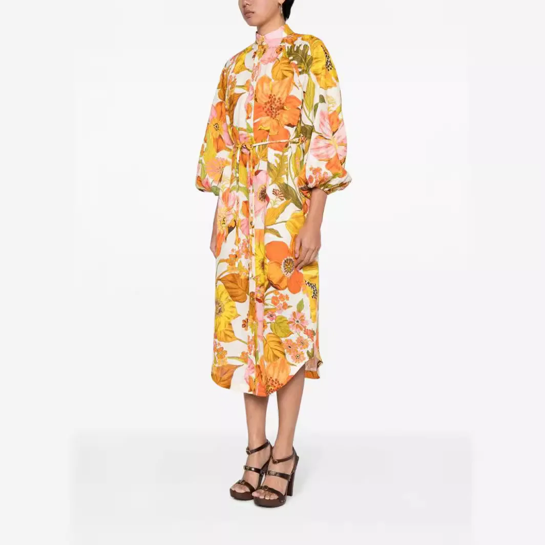 Sukienki maxi z kwiatowym nadrukiem, bufiastymi rękawami, eleganckie, z dekoltem typu O, sznurowane, sukienki na wakacje, plażę, imprezę.